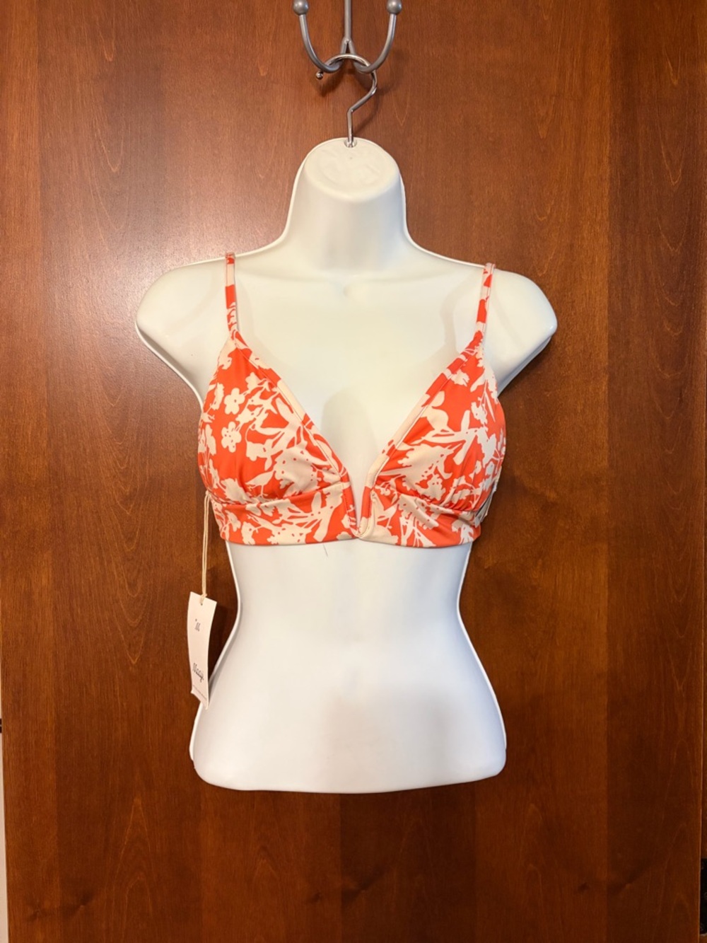 New Maaji Reversible Long Line Triangle Bikini Top. Orange/Floral Print. Large